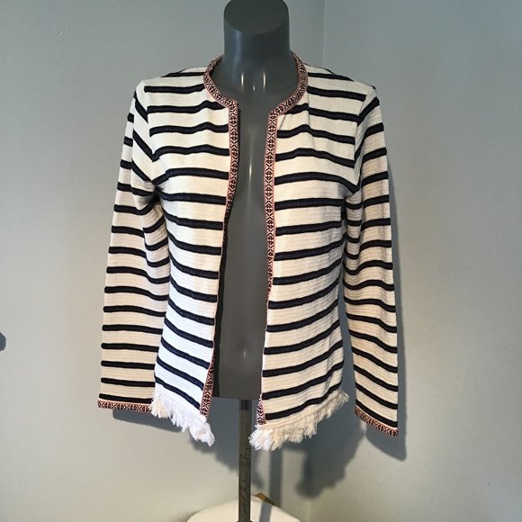 Rich & Royal Jackets & Blazers - Rich & Royal Striped Open Front Jacket with Fringe Hem